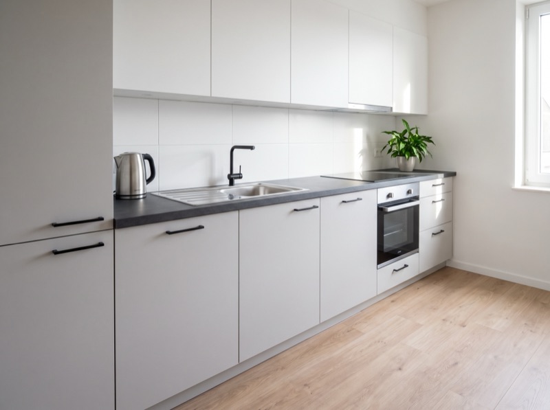Lichtgrijze keuken in melamine met zwarte grepen, in een huurappartement